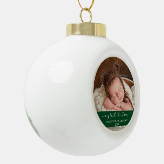 Stylisches Skript Mein erstes Weihnachtskind Green Keramik Kugel-Ornament (Links)