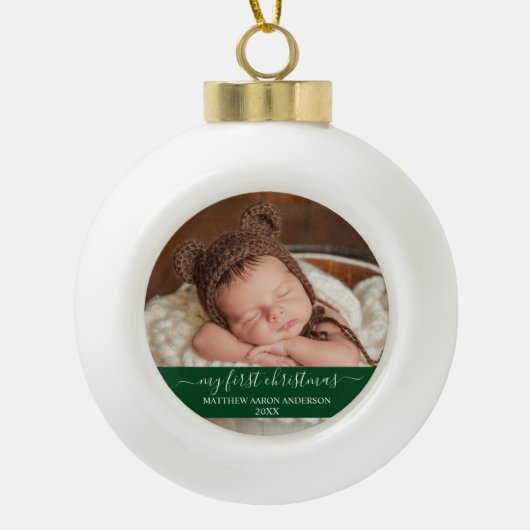 Stylisches Skript Mein erstes Weihnachtskind Green Keramik Kugel-Ornament (Vorderseite)