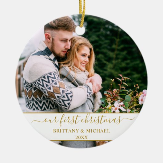 Stylisches Skript Unser erstes Weihnachts-Gold-Paa Keramik Ornament (Vorne)