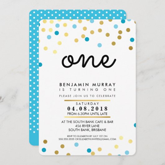 STYLISH 1. Geburtstag Party INVITE blauer Goldjung Einladung (Vorne/Hinten)