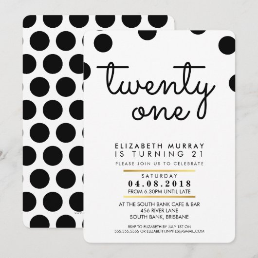 STYLISH 21. Geburtstag Party INVITE Black Polka do Einladung (Vorne/Hinten)