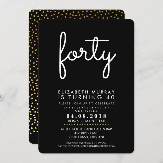 STYLISH 40. Geburtstag Party FORTY INVITE Einladung (Vorne/Hinten)