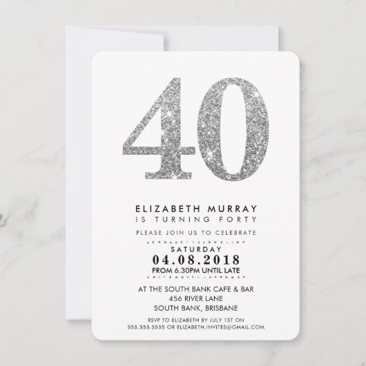 STYLISH 40. Geburtstag Party INVITE Silber Glitzer Einladung (Vorderseite)