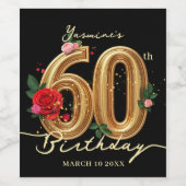 Stylish 60th Birthday Black Gold Red Pink Roses Weinetikett (Einzelnes Label)