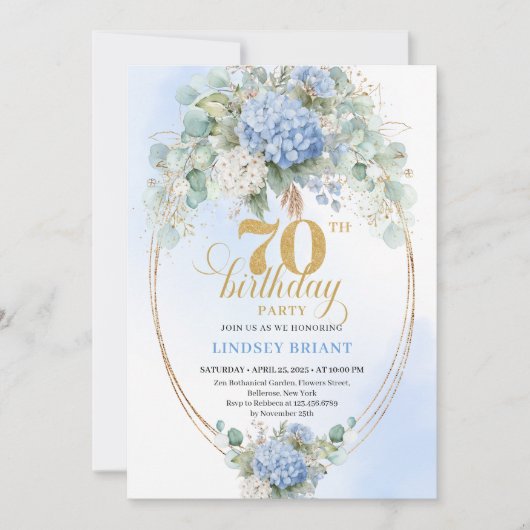 Stylish 70th Birthday Light Blue Hydrangea Invite Einladung (Vorderseite)