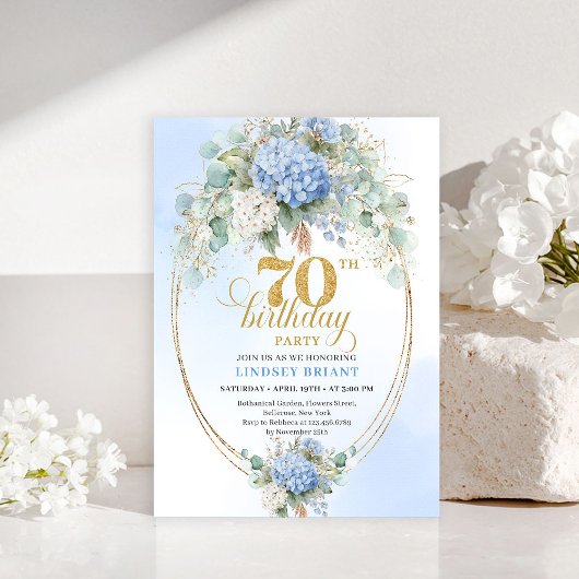 Stylish 70th Birthday Light Blue Hydrangea Invite Einladung