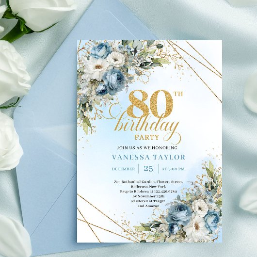 Stylish 80th Birthday Invitation Dusty Blue Gold  Einladung