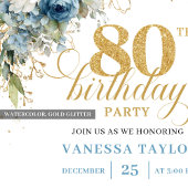 Stylish 80th Birthday Invitation Dusty Blue Gold  Einladung