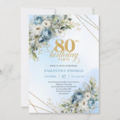 Stylish 80th Birthday Invitation Dusty Blue Gold  Einladung (Vorderseite)