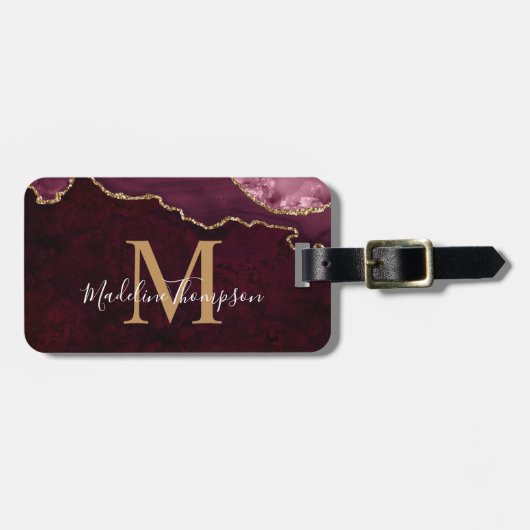Stylish Agate Geode Burgundy Monogram Gepäckanhänger (Vorderseite horizontal)