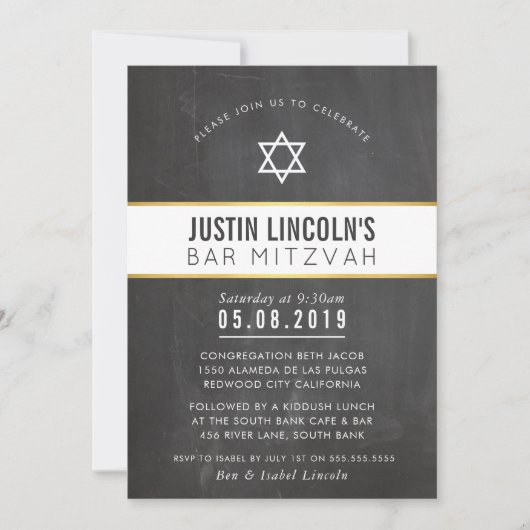 STYLISH-BAR MITZVAH-Mindest-Grauschalkpappgold Einladung (Vorderseite)