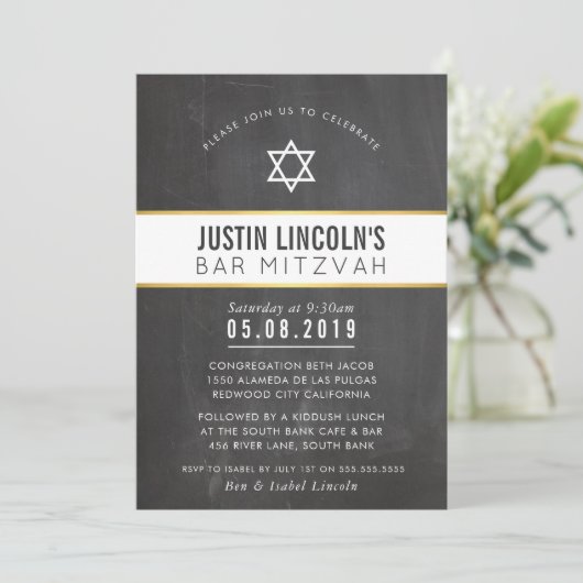 STYLISH-BAR MITZVAH-Mindest-Grauschalkpappgold Einladung (Stehend Vorderseite)
