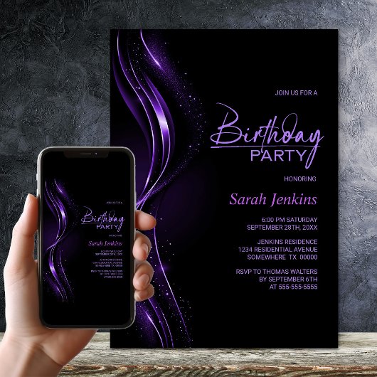 Stylish Black and Purple Birthday Party Einladung