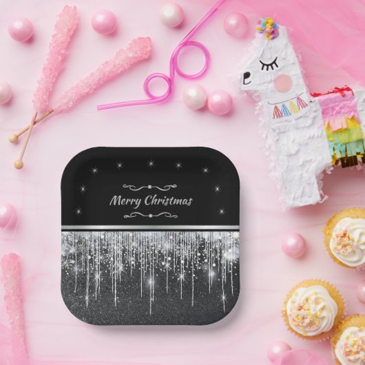Stylish Black and Silver Merry Christmas Party Pappteller (Party)