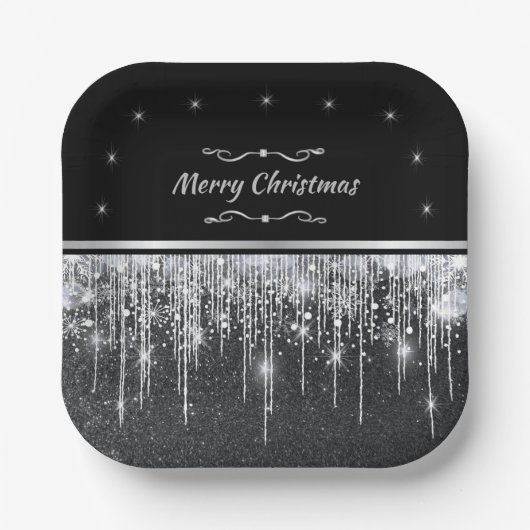 Stylish Black and Silver Merry Christmas Party Pappteller (Vorderseite)