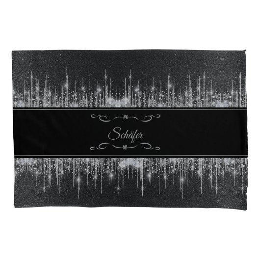 Stylish Black and Silver Sparkly Icicle Surname Kissenbezug (Vorderseite-Links)