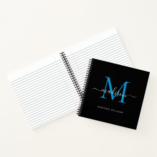 Stylish Black Blue Monogram Initial Script Name Notizblock (Innenseite)