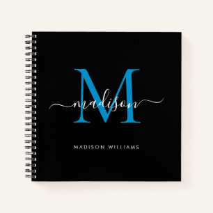 Stylish Black Blue Monogram Initial Script Name Notizblock