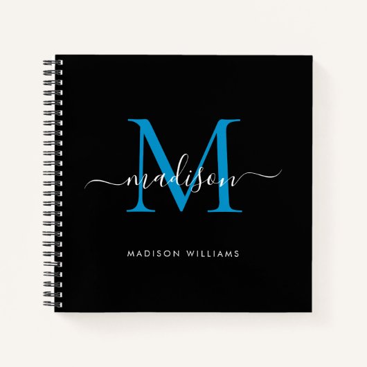 Stylish Black Blue Monogram Initial Script Name Notizblock (Vorderseite)