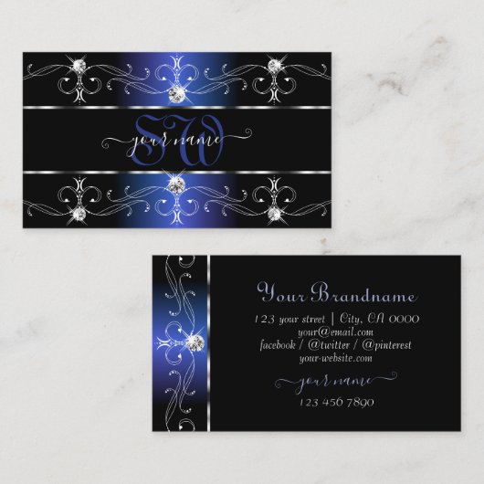 Stylish Black Blue Verziert Borders Jewels Monogra Visitenkarte (Vorne/Hinten)