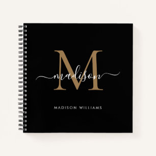 Stylish Black Gold Monogram Initial Script Name Notizblock