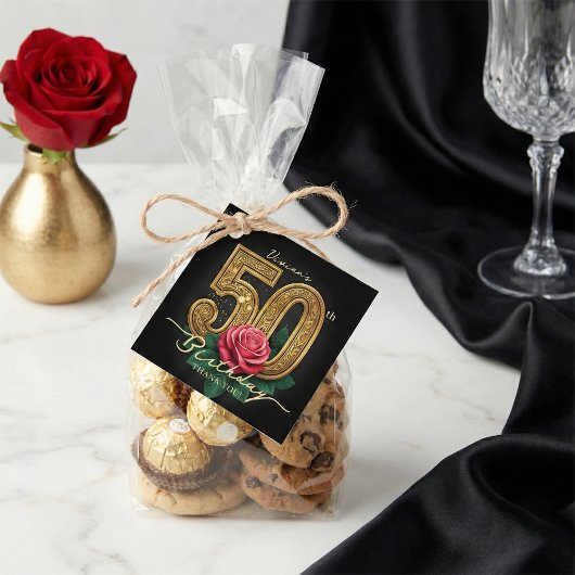 Stylish Black Gold Red Rose 50th Birthday Party Geschenkanhänger