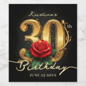 Stylish Black Gold Red Rose Floral 30th Birthday Weinetikett (Einzelnes Label)