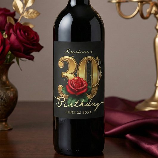 Stylish Black Gold Red Rose Floral 30th Birthday Weinetikett