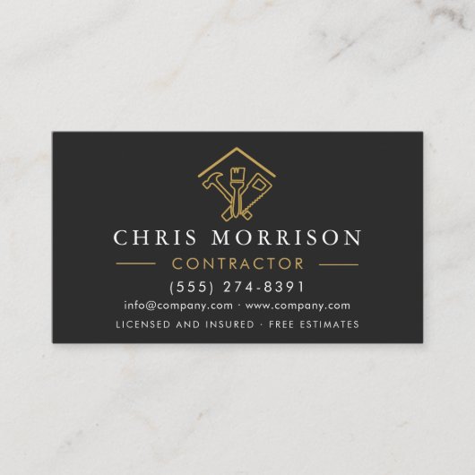 Stylish Black Home Repairs Construction Gold Logo Visitenkarte (Vorderseite)