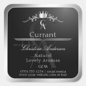 Stylish Black Product Label Silver Frame Monogram Quadratischer Aufkleber (Vorderseite)