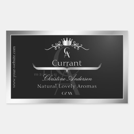 Stylish Black Product Label Silver Frame Monogram Rechteckiger Aufkleber (Vorderseite)