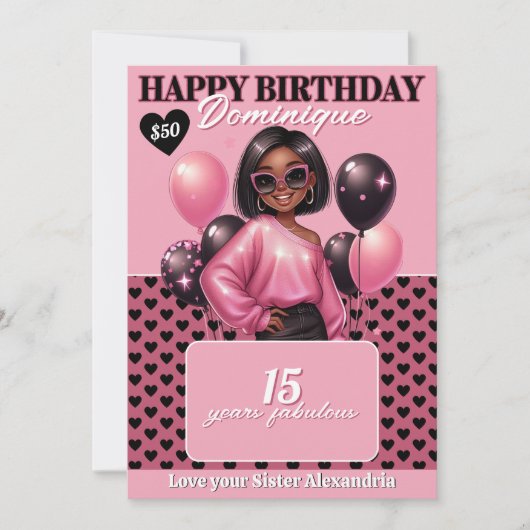 Stylish Black Teen Girl Birthday Gift Card Holder Einladung (Vorderseite)