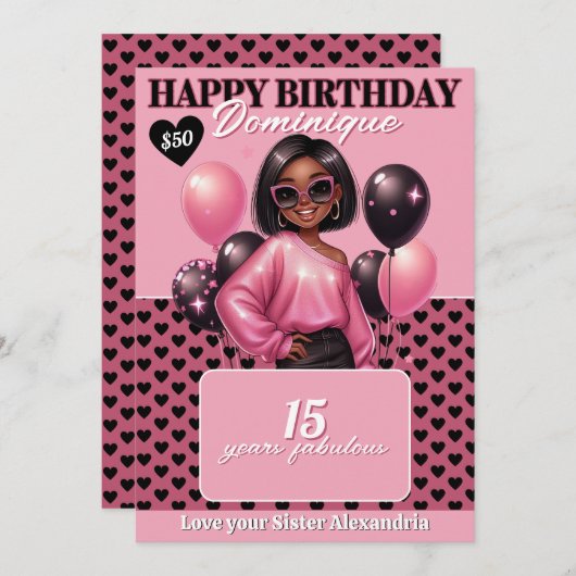 Stylish Black Teen Girl Birthday Gift Card Holder Einladung (Vorne/Hinten)