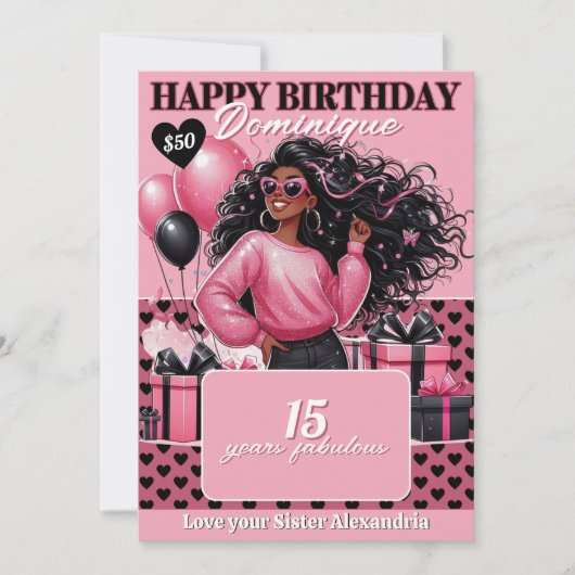 Stylish Black Teen Girl Birthday Gift Card Holder Einladung (Vorderseite)