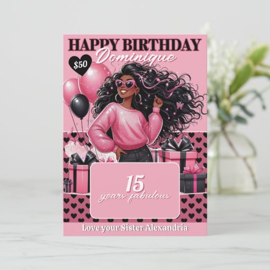 Stylish Black Teen Girl Birthday Gift Card Holder Einladung (Stehend Vorderseite)