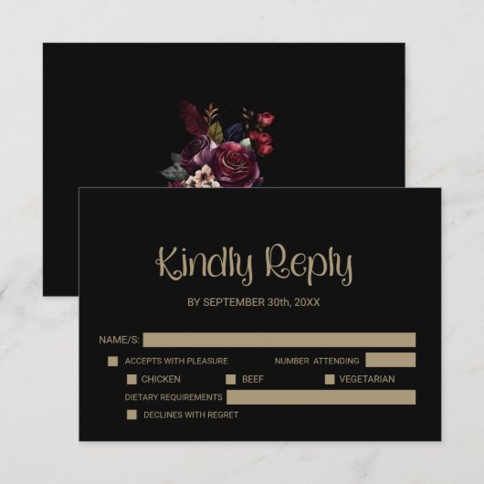 Stylish Black Wedding RSVP Karte (Vorne/Hinten)