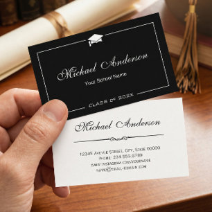 Stylish Black White Grad Cap Graduation Name Card Telefonnummerkarte