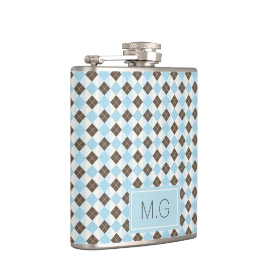 Stylish Blue and Brown Argyle Pattern Monogram Flachmann (Rechts)