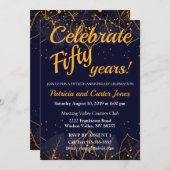 Stylish Blue and Gold 50 Jahre Einladung (Vorne/Hinten)