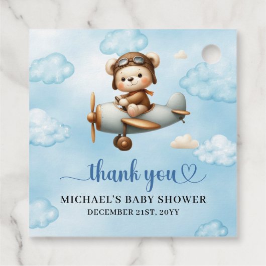 Stylish Blue Brown Teddy Bear Aviator Boy Shower Geschenkanhänger (Rückseite)
