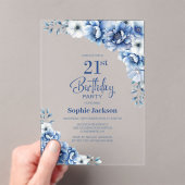 Stylish Blue Floral 21. Geburtstag Party Acryleinladungen (Insitu (Handheld))