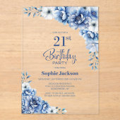Stylish Blue Floral 21. Geburtstag Party Acryleinladungen (Vorderseite)