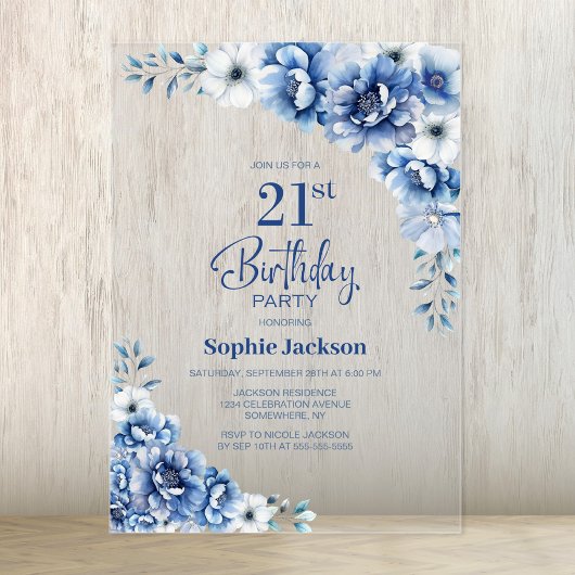 Stylish Blue Floral 21. Geburtstag Party Acryleinladungen