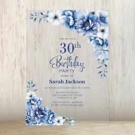 Stylish Blue Floral 30. Geburtstag Party Acryleinladungen