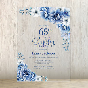 Stylish Blue Floral 65. Geburtstagsparty Acryleinladungen