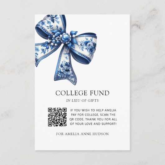 Stylish Blue Floral Bow QR Code Uni Fund Begleitkarte (Vorderseite)