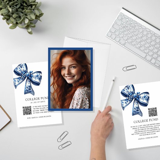 Stylish Blue Floral Bow QR Code Uni Fund Begleitkarte