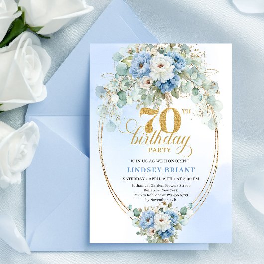Stylish Blue Floral Eucalyptus 70th Birthday Invit Einladung