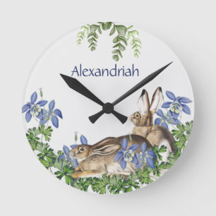 Stylish Blue Floral Rabbit Watercolor Cute Bunny Runde Wanduhr