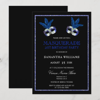 Stylish Blue Glitzer Masquerade 21. Geburtstag Einladung